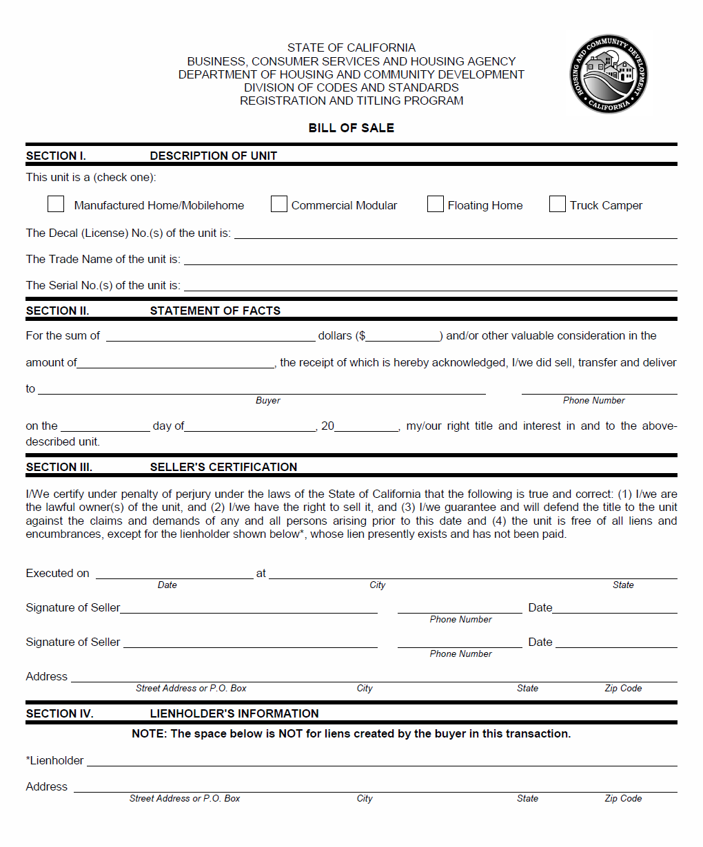 notarized bill of sale for mobile home