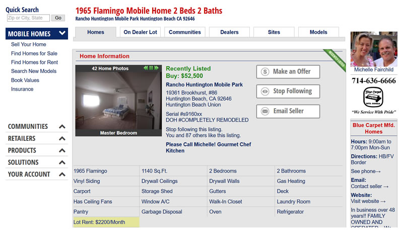 Rancho Huntington Mobile Home Park, Space 86 - Lot Rent: $2,200/Month