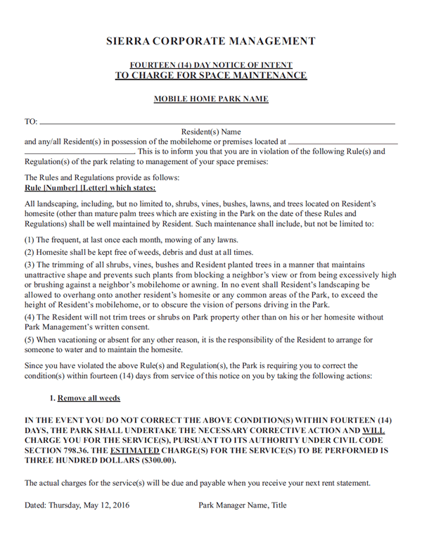 Sierra Corporate Management Fourteen (14) Day Notice Page 1