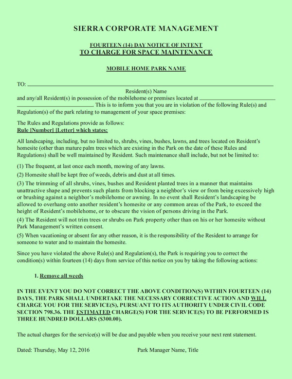 Sierra Corporate Management Fourteen (14) Day Notice Page 1 Green